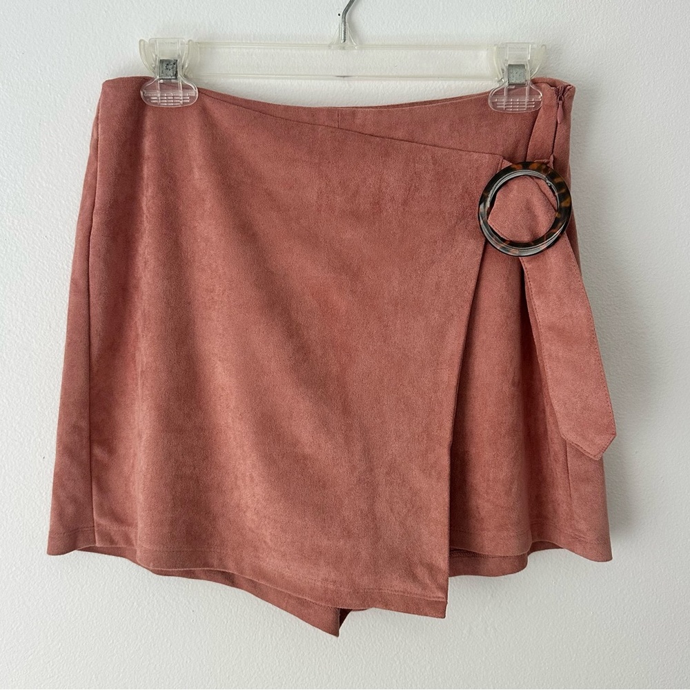 Pink Suede Wrap Skort with Tortoise Tie Detail